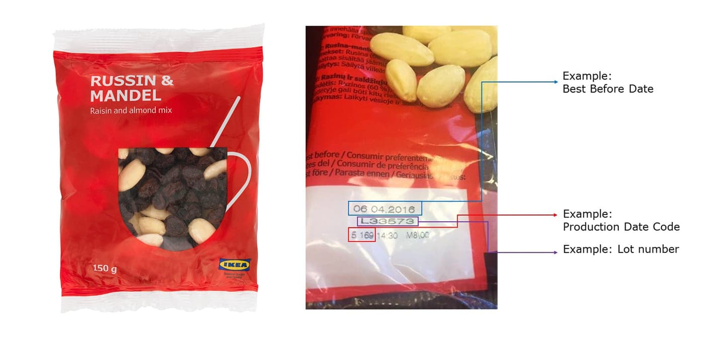 RUSSIN & MANDEL raisin and almond mix highlighting the best before date, production date code and lot number