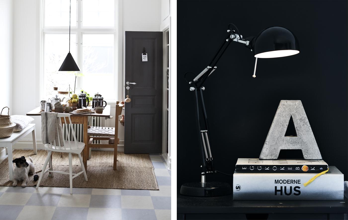 Salle à manger blanche et gros plan d’une lampe sur une table de chevet, sur fond de mur noir.