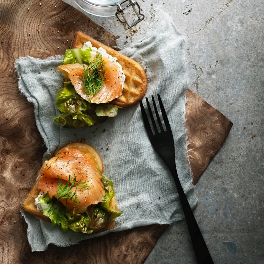 Savoury waffles with salmon and cream cheese