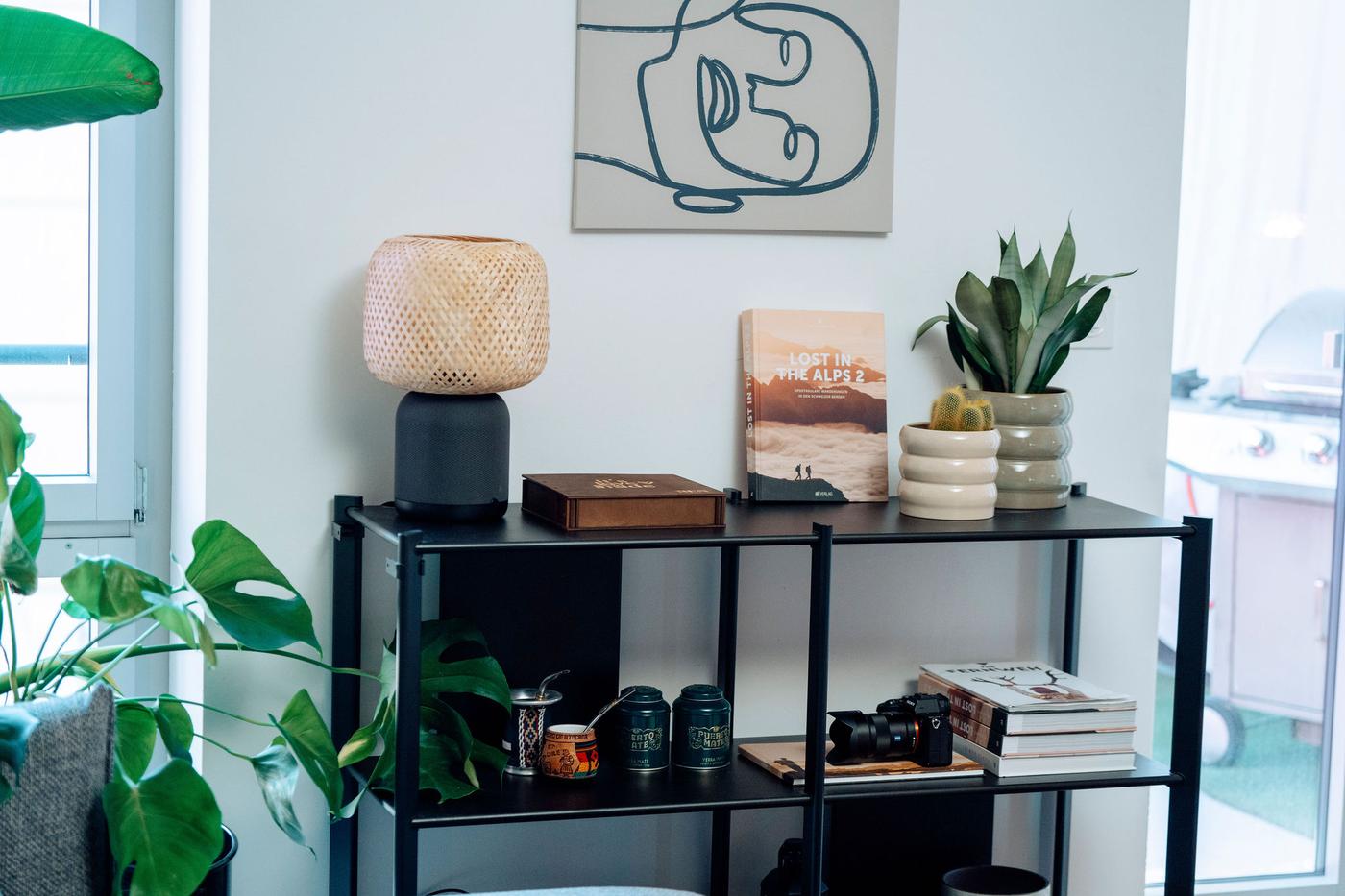 Scaffale nero con lampada da tavolo, libri, coprivasi in ceramica, piante, decorazioni e quadro.