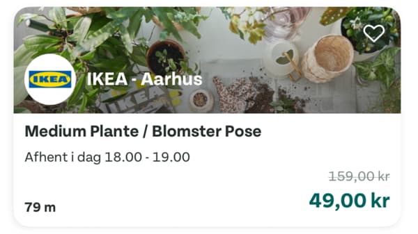 Screenshot fra Too Good To Go app'en der viser, at man i IKEA Aarhus kan købe en Medium Plante / Blomser lykkepose til 49 kroner. 