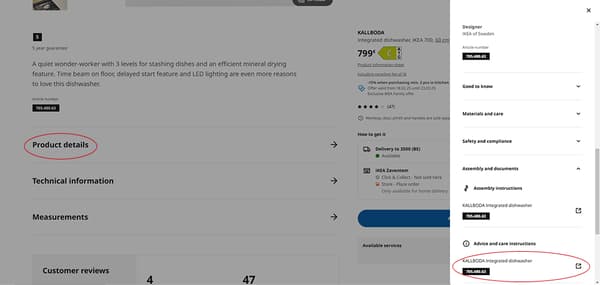 Screenshot showing where you can find the PDF version of the manual on the product page.