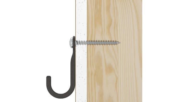 Screw and hook mounted through white wall material into wood, showing the fixing method in cross-section.
