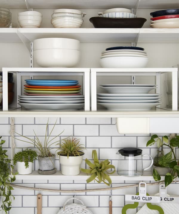 Serveware stacked on shelves and shelf inserts and a row of pot plants on a shelf below.