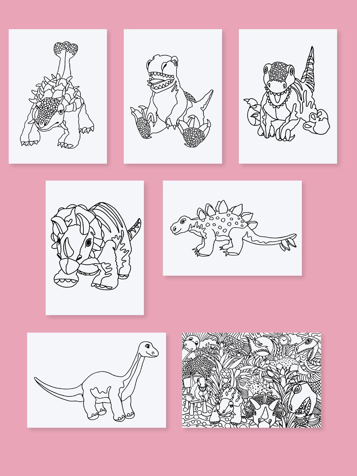 Seven separate black and white JÄTTELIK dino-drawings on top of a pink background.