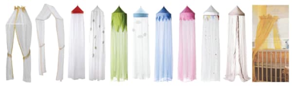 Several children's bed canopies in various colors like blue, green and pink against a white background.