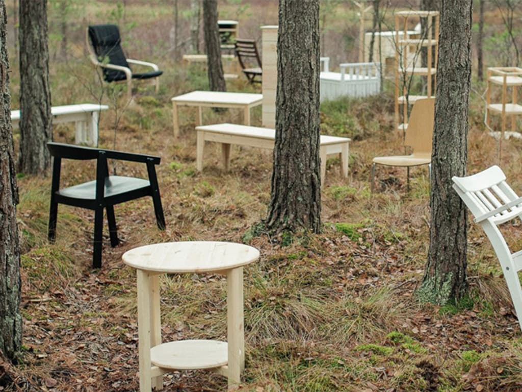 Several side tables, chairs, and benches in a forest of trees.