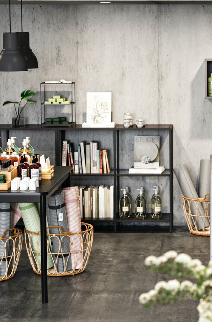 Shop with worktop, pendant lamp, wall grid, wall lamp and serving tray