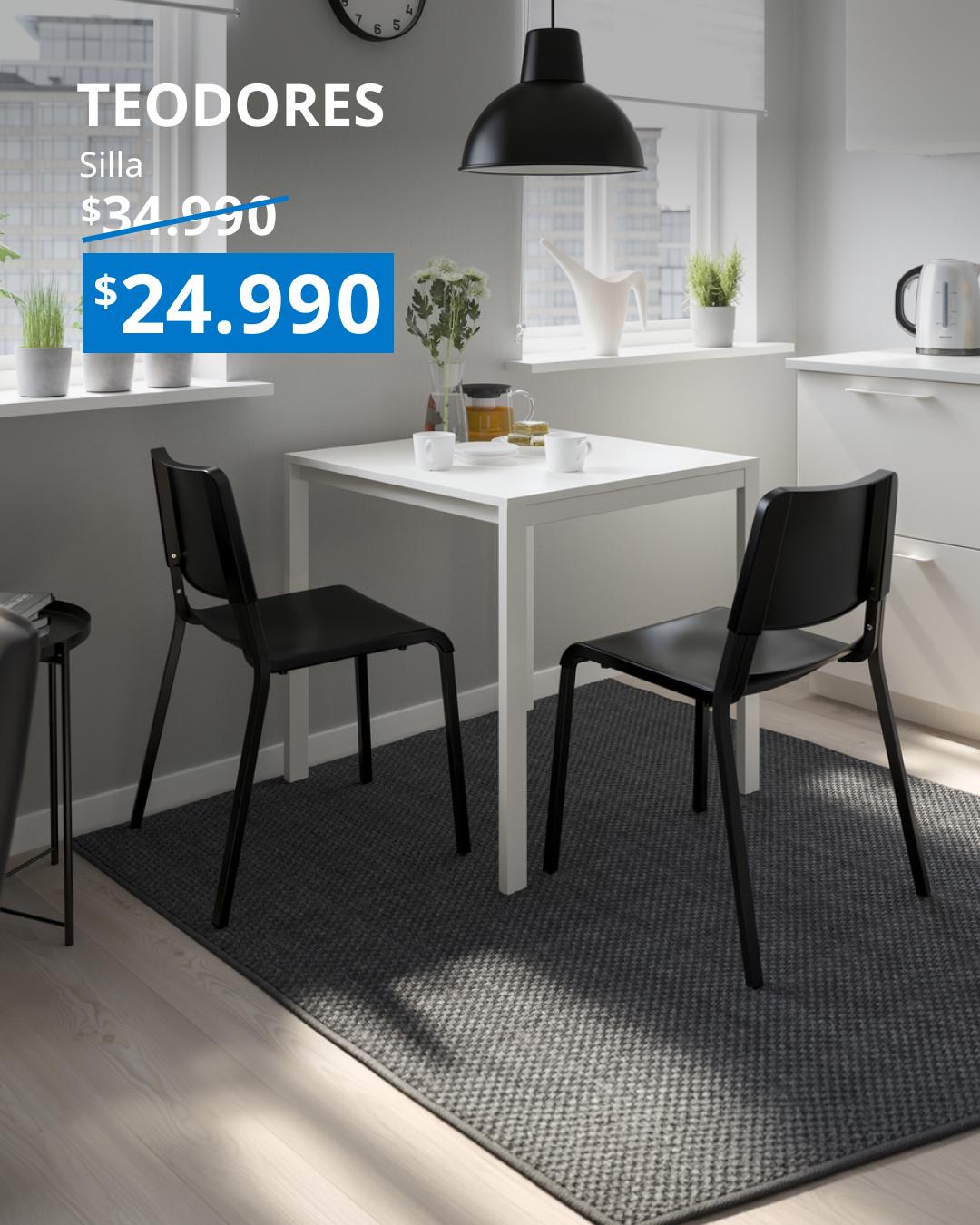 Silla TEODORES negra, ligera y apilable, con estructura de acero y asiento y respaldo de plástico, para uso interior.