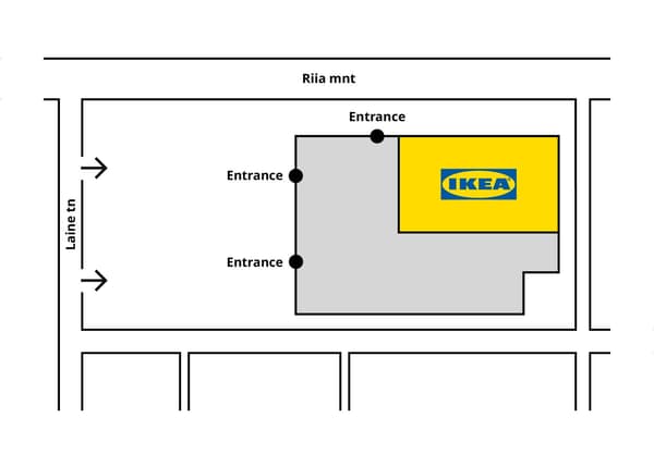 Simple site map showing IKEA building layout at the intersection of Riia mnt and Laine tn, with three labeled entrances on the north and west sides of the building.