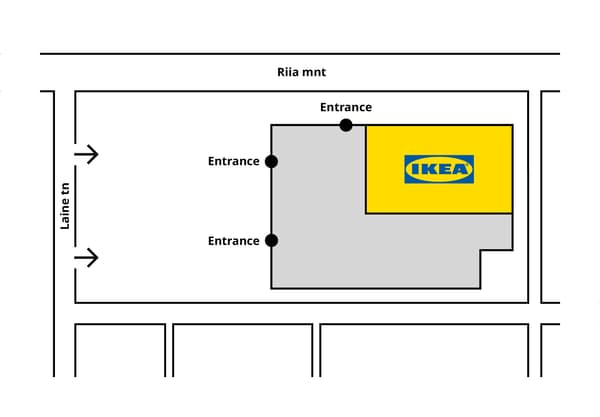 Simple site map showing IKEA building layout at the intersection of Riia mnt and Laine tn, with three labeled entrances on the north and west sides of the building.