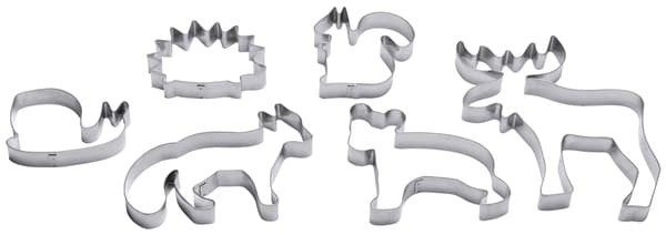 Six silver animal-shaped pastry cutters.