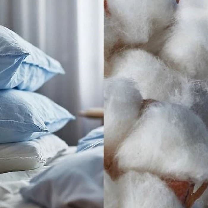 Soft white cotton stuffing beside folded cotton bedding.