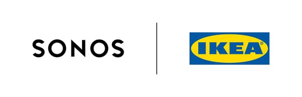 Sonos logo and the IKEA logo, representing the collaboration of creating SYMFONISK – a brand new sound series.