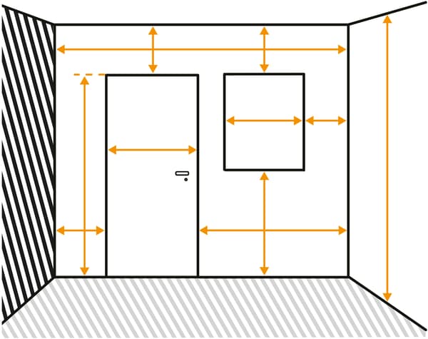 Sort tegning af tre vægge med dør, vindue, loft og gulv.