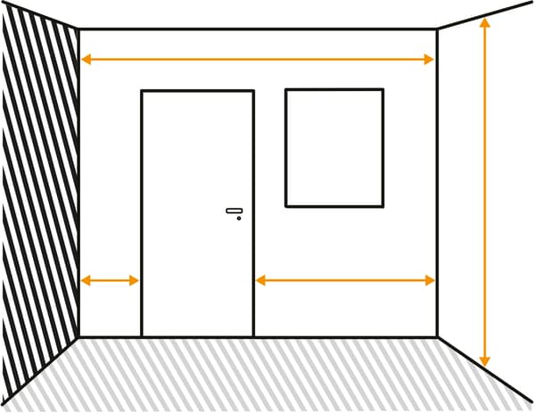 Sort tegning af tre vægge med dør, vindue, loft og gulv.