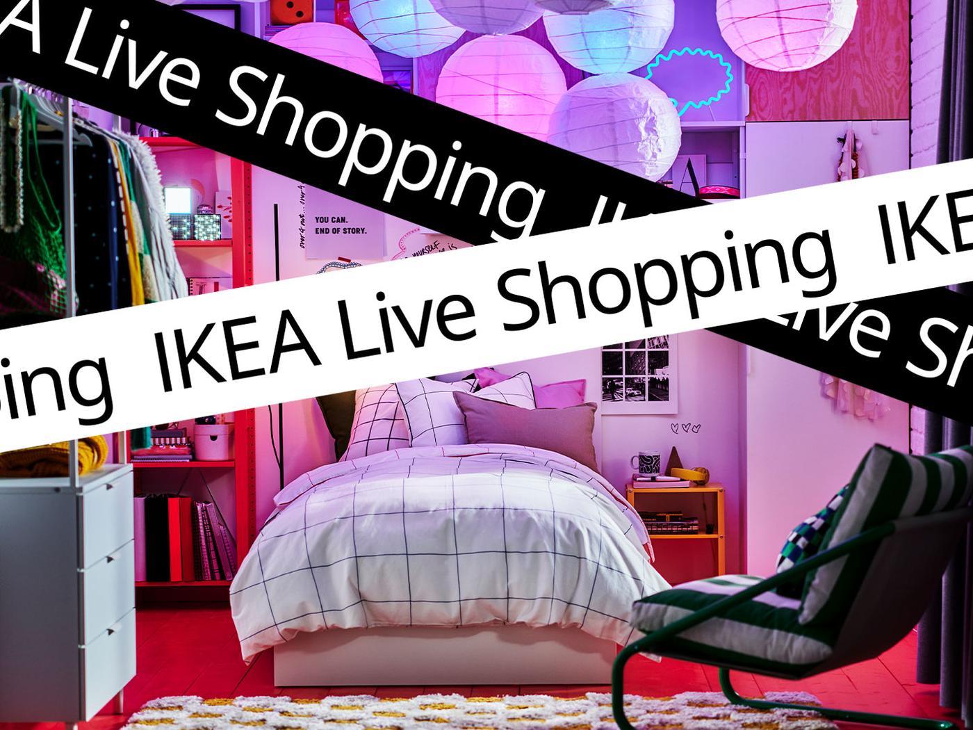 Sovrum med IKEA-möbler, rutigt täcke, färgglada lyktor och texten 'IKEA Live Shopping' upprepad i bilden.