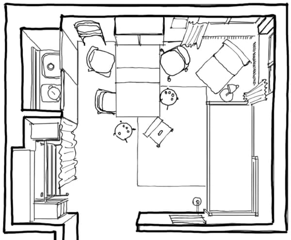 Start planning out your space by using a floor plan of the room.
