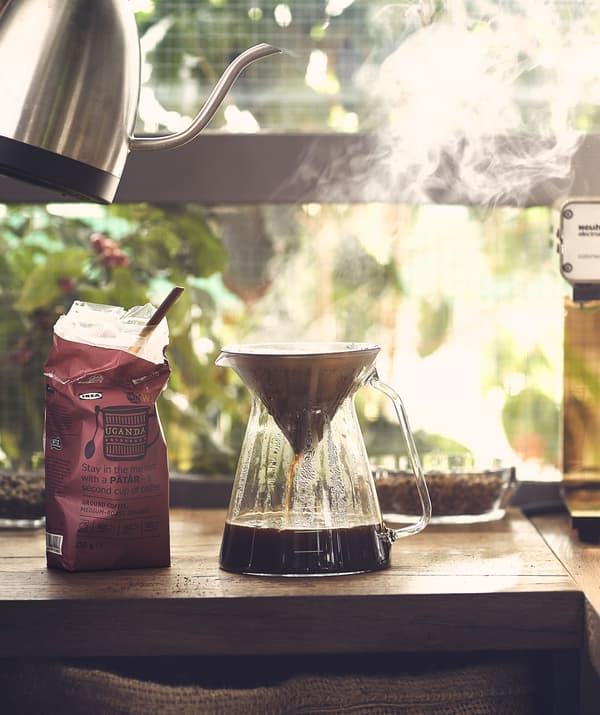 Steaming coffee-brewing set against a backdrop of a lush garden: hot water from a kettle filtering down into a glass jug.