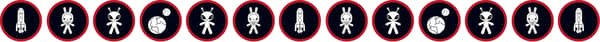 Stickers forming a repeated pattern in the following order: robot, rabbit in astronaut suit, alien, earth and the moon.