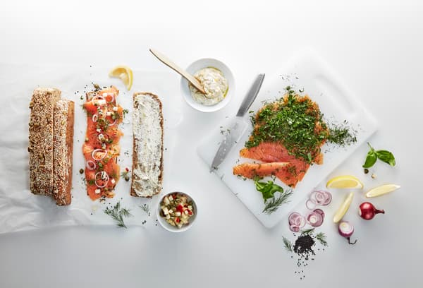 Swedish Food Market items like cold smoked salmon and cream cheese on top of resh barquette 
