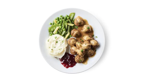 Swedish meatballs with bean mix, mashed potatoes and lingonberry jam