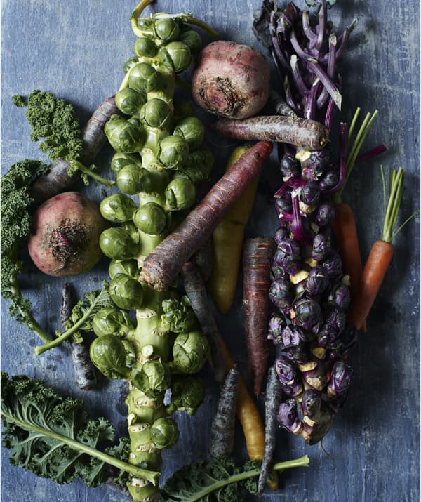 Table couverte de légumes, dont des carottes, des choux de Bruxelles et du chou kale.