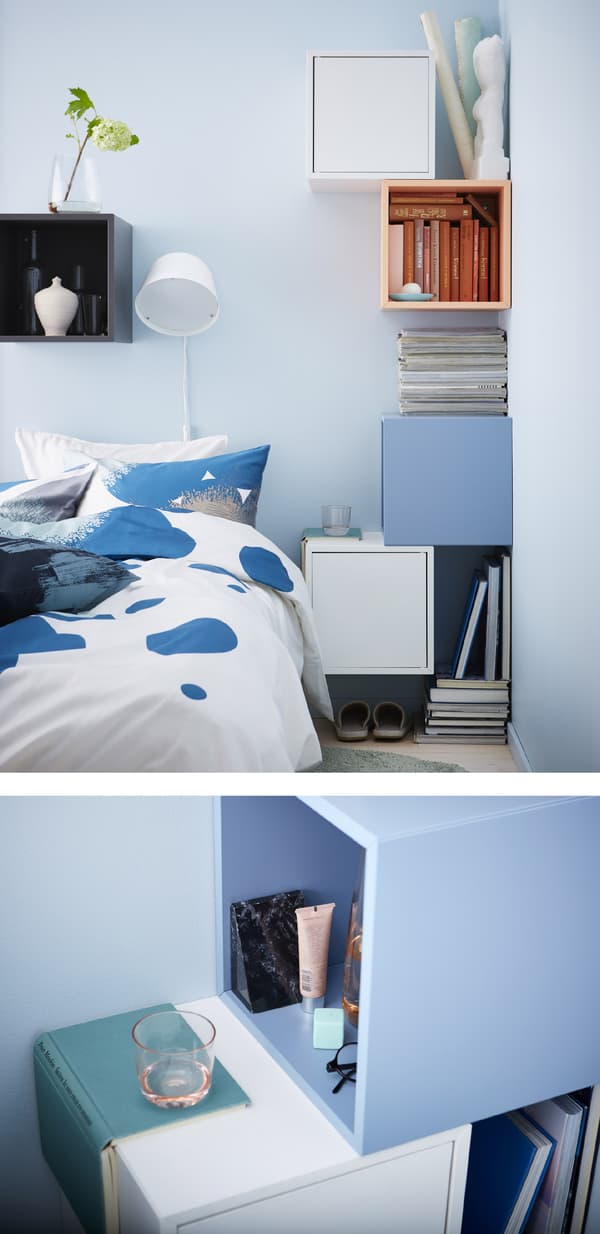 Table de chevet réalisée avec des caissons cubiques colorés fixés aux murs, autour d’un lit