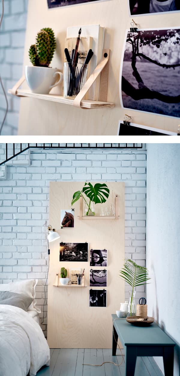 Tableau d’inspiration fait d’une planche de multiplis adossée à un mur.