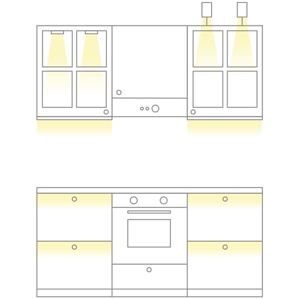 Tekening van de verlichting in de keukenkasten en de led-strips onder en in de kasten.