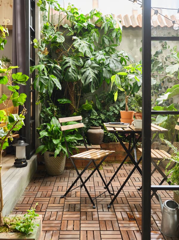 Terasa z RUNNEN leseno talno oblogo, rastlinami različnih velikosti, ki prekrivajo stene, in TÄRNÖ zunanjim pohištvom iz akacije.