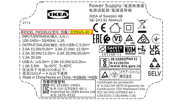 The ÅSKSTORM 40W USB charger dark grey can be identified by the model number ICPSW5-40-1 that is found on label on the backside of the USB-charger