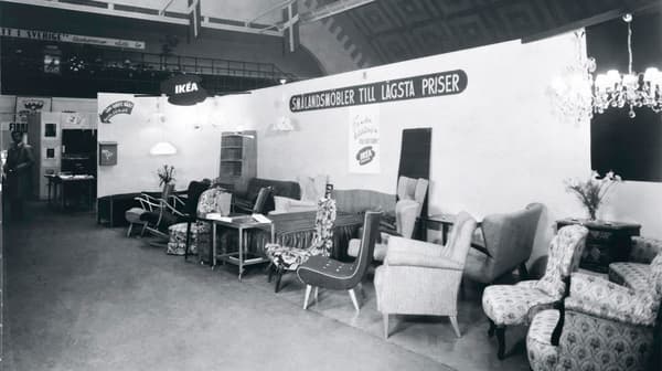The black and white photo showing the very first IKEA showroom in Älmhult, Sweden.