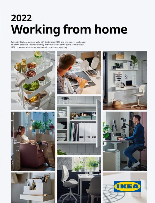 The cover of an IKEA Working form home brochure showing desks, office chair, storage and trolley.
