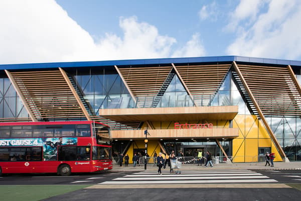 The entrance of IKEA Greenwich with a red bus in the forefront