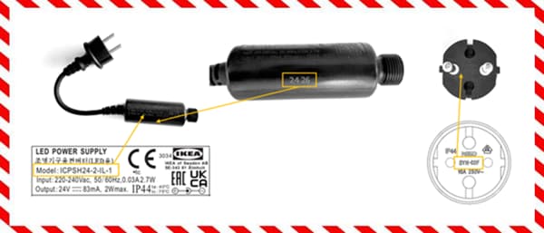 The outdoor lighting that does not meet an important safety standard can be identified by the name of the LED driver, the date stamp of the LED driver and the name of the plug