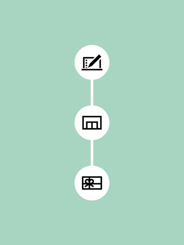 The three steps in the IKEA buy back and resell service are represented by illustrations placed against a green background.
