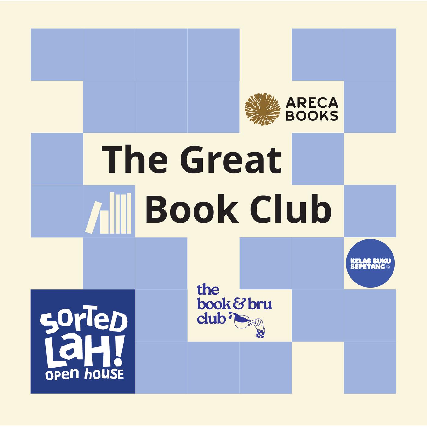 The visual features a light blue grid design with a book illustration and the text “The Great Book Club”, alongside the “Sorted Lah! Open House” logo and book club logos.