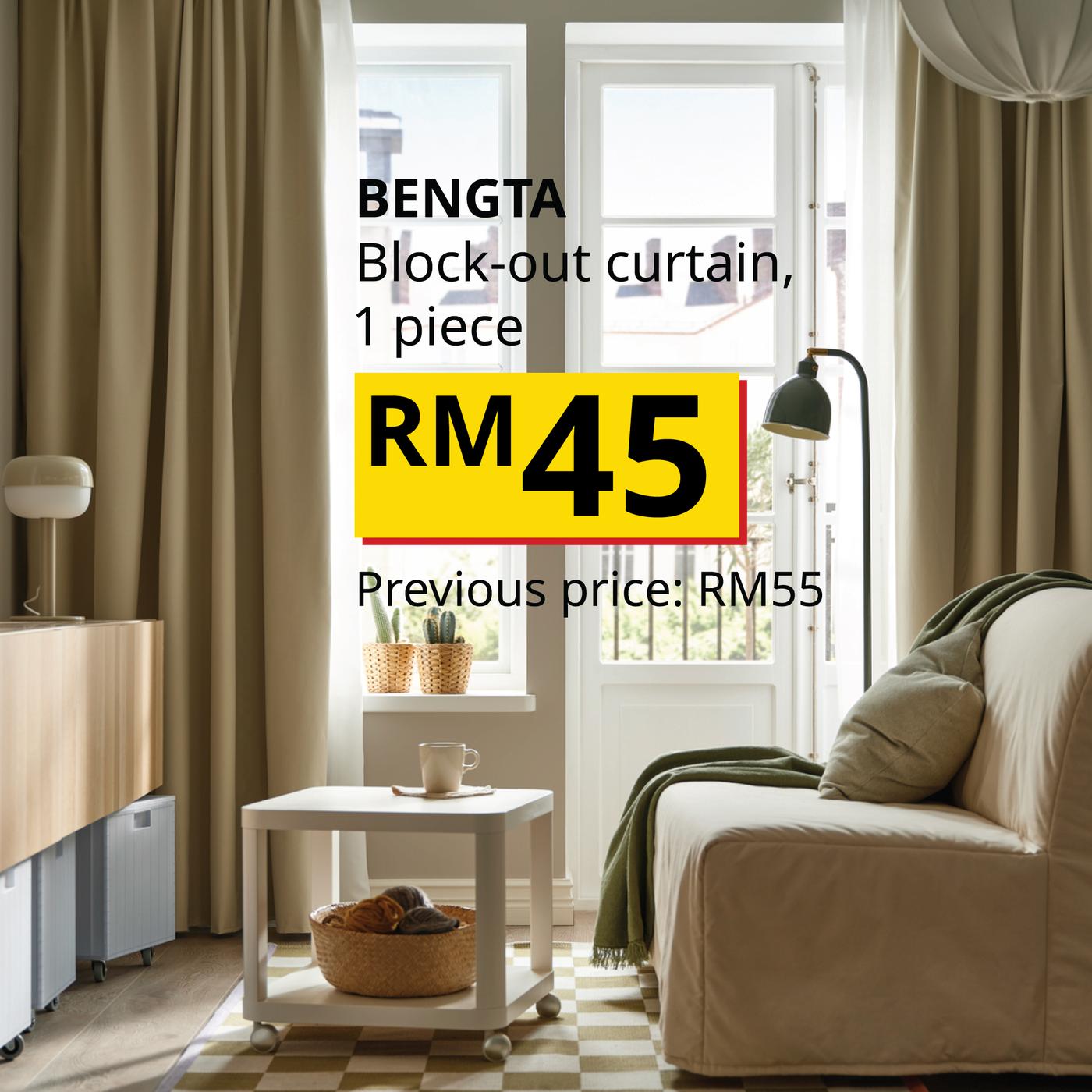 The visual shows beige BENGTA block-out curtains hanging beside a balcony door in a cosy living room, with a cream sofa bed, an olive green throw and a white side table nearby. The text reads: “BENGTA Block-out curtain, 1 piece, RM45. Previous price: RM55.”