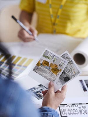 There are two people in the scene. The first one is holding some pictures in her hand, featuring different pieces of furniture. The second one is drawing designs on the paper in front of her