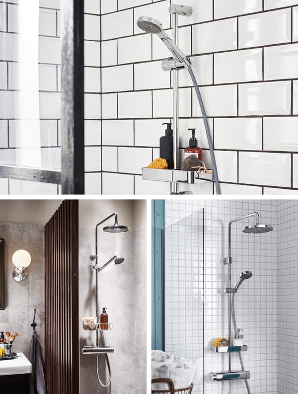 Three different bathroom shots showing three shower and shower heads.