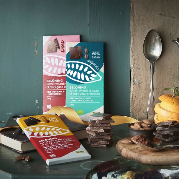 Three different chocolate tablets from the IKEA BELÖNING chocolate products made from UTZ certified cocoa.