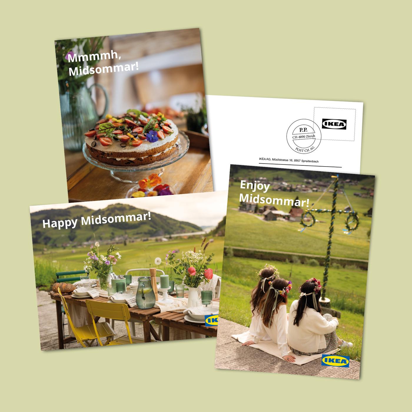 Three different IKEA Family Midsommar Postcards on a green background.