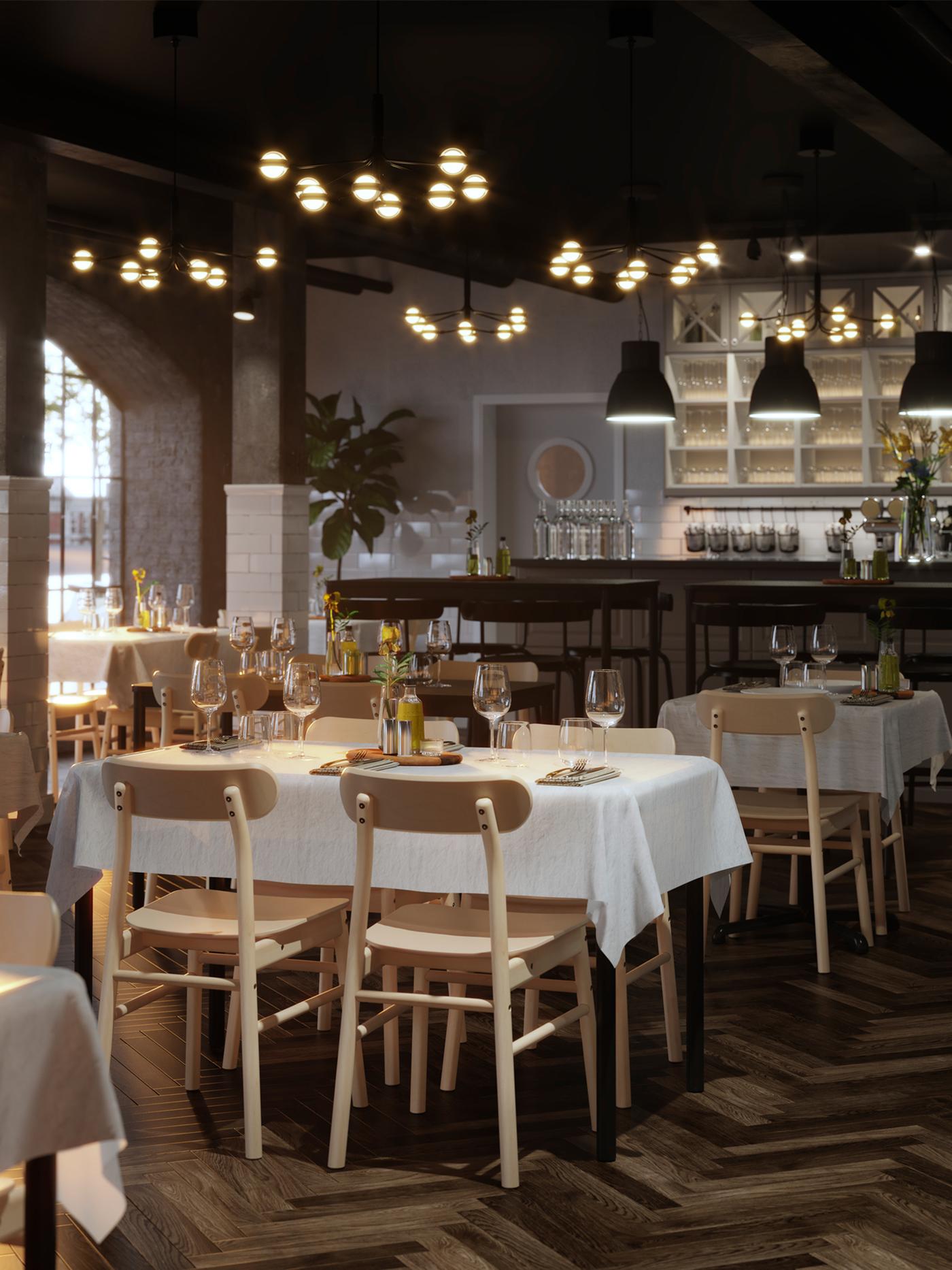 TOMMARYD tables set for dining with white table cloths, STORSINT wine glasses and flowers in a spacious restaurant.