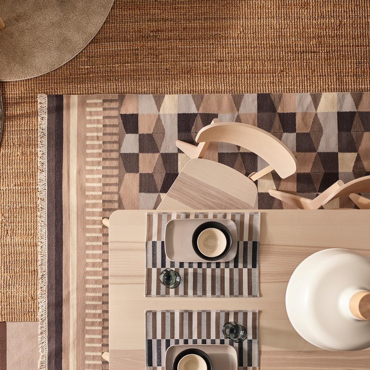Top view of a japandi style living room focuses on rugs