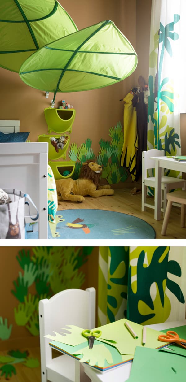 Transformez la chambre des petits en coin de forêt tropicale, avec des rideaux sur le thème de la jungle, comme les rideaux IKEA DJUNGELSKOG en coton renouvelable. Ce tissu a subi des tests et ne contient ni substances chimiques proscrites ni phtalates!