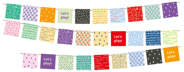 Tre file di cartelli colorati, alcuni dei quali presentano la scritta “Let’s play!” – IKEA