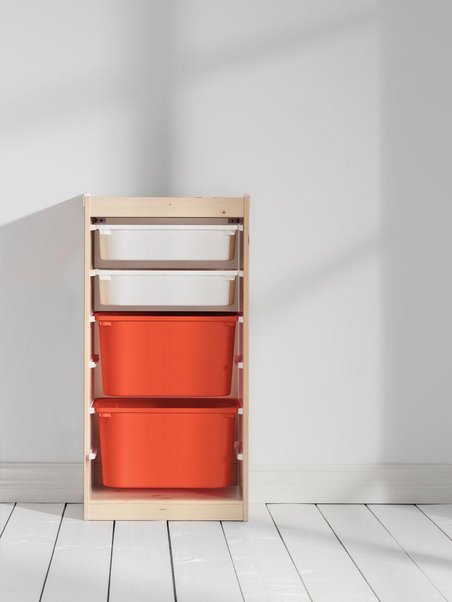 trofast opberg element met twee oranje hoge bakken en twee witte smalle bakken