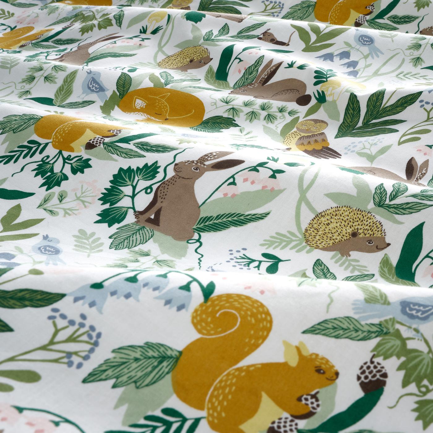 TROLLDOM, a bedlinen set for cot with a multicolor forest animal pattern showing foxes, rabbits, owls, hedgehogs and leaves.