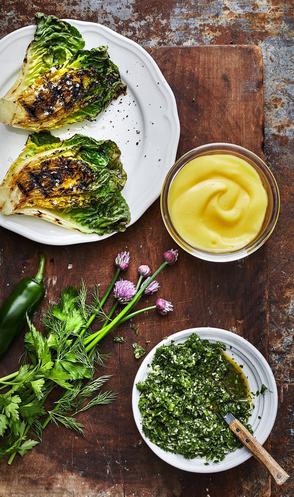 Try out the yummy IKEA recipe of Grilled little gem lettuce with rapeseed mayonnaise and chimichurri.